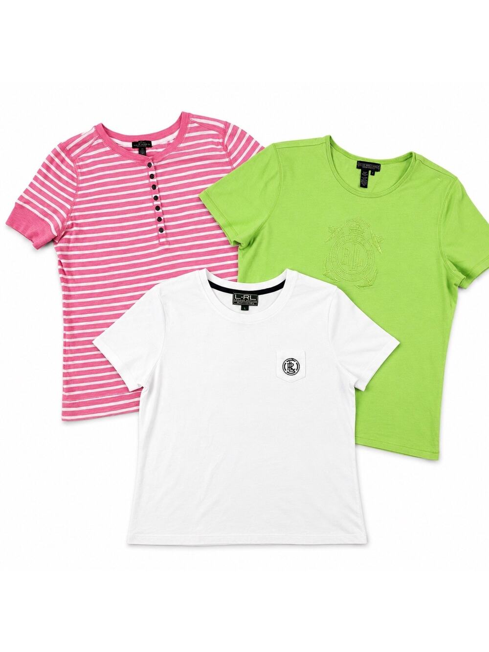 Lauren Ralph Lauren 3pc T-Shirt Bundle Women Large Pink Green White Striped Logo